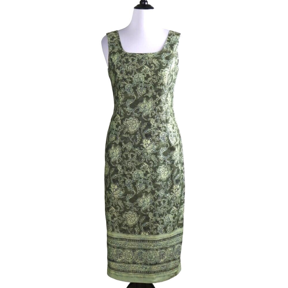 Peruvian Connection 90s/Y2K Green Floral Border Print Sheath Midi Dress 8